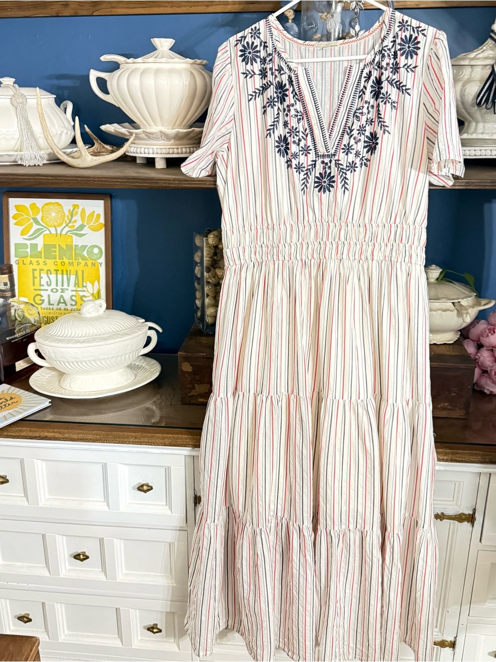 Striped Embroidered Tiered Maxi Dress - White with Navy & Red